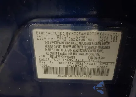 2017 Nissan Sentra S z USA, uszkodzony, nr VIN 3N1AB7AP3HY304723